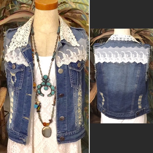 LLove Jackets & Blazers - Distressed denim vest w/lace collar and accents- S